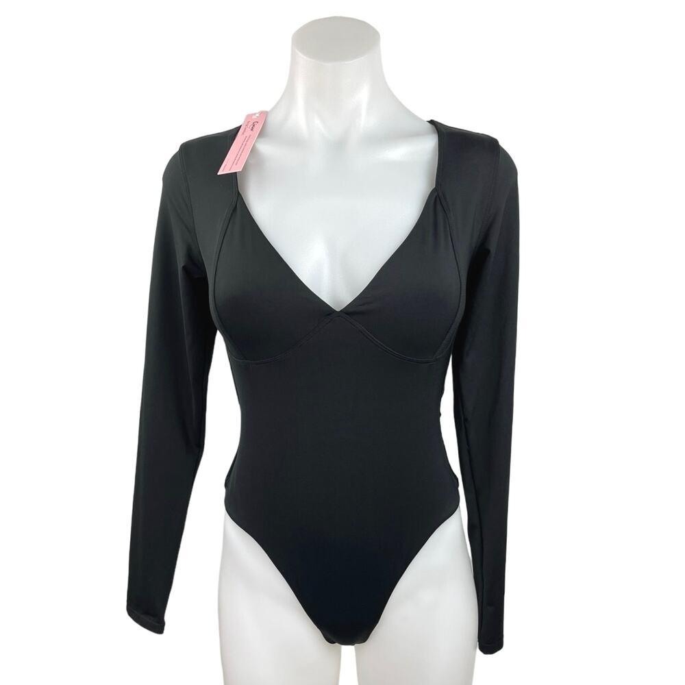 Qinsen Women's Black V-Neck Long Sleeve High Cut Leg One Piece Bodysuit Size M
